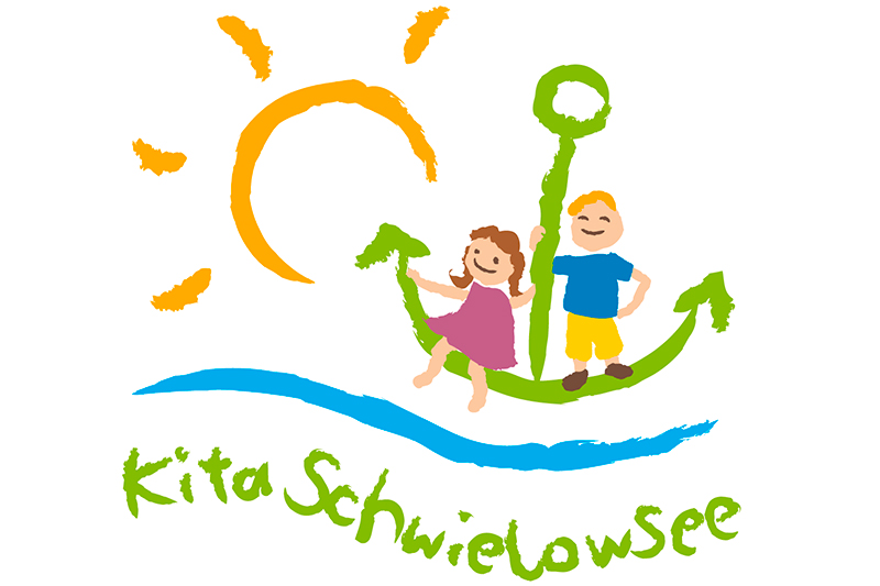 Logo der Kita Schwielowsee mit gelber Sonne und Kindern auf einem grünen Acker sitzend über einer blauen Wlle